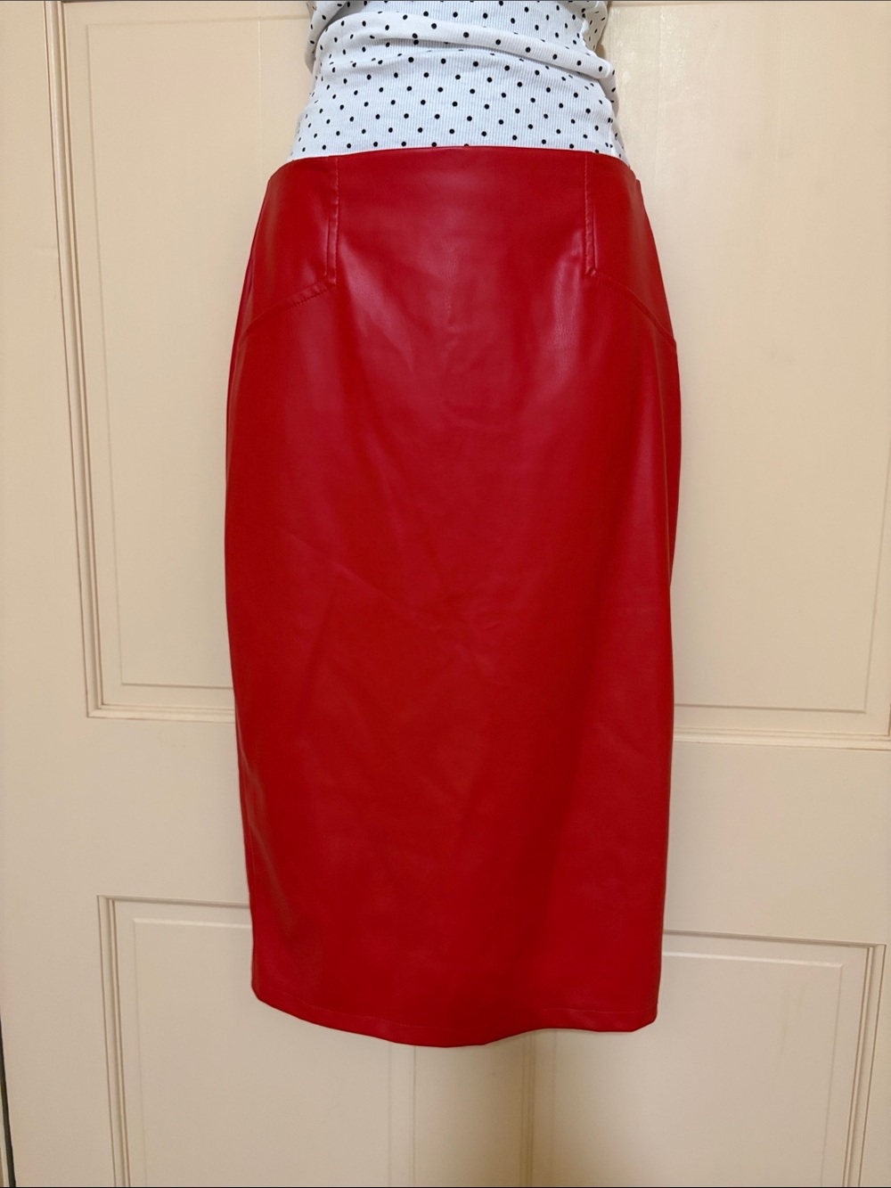 Red Faux Leather Pencil Skirt - Women